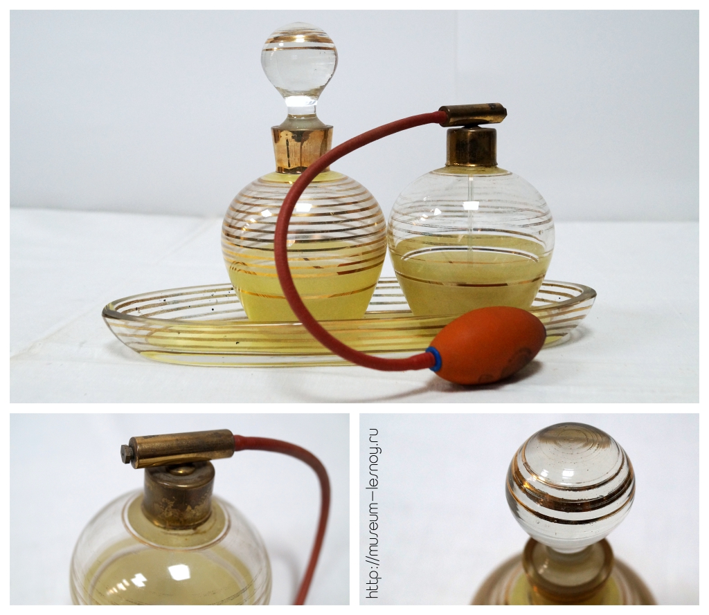 Набор парфюмерный из трех предметов: флакон для одеколона, флакон с помпой и лоток-подставка. Производство ГДР, 1960-е гг.